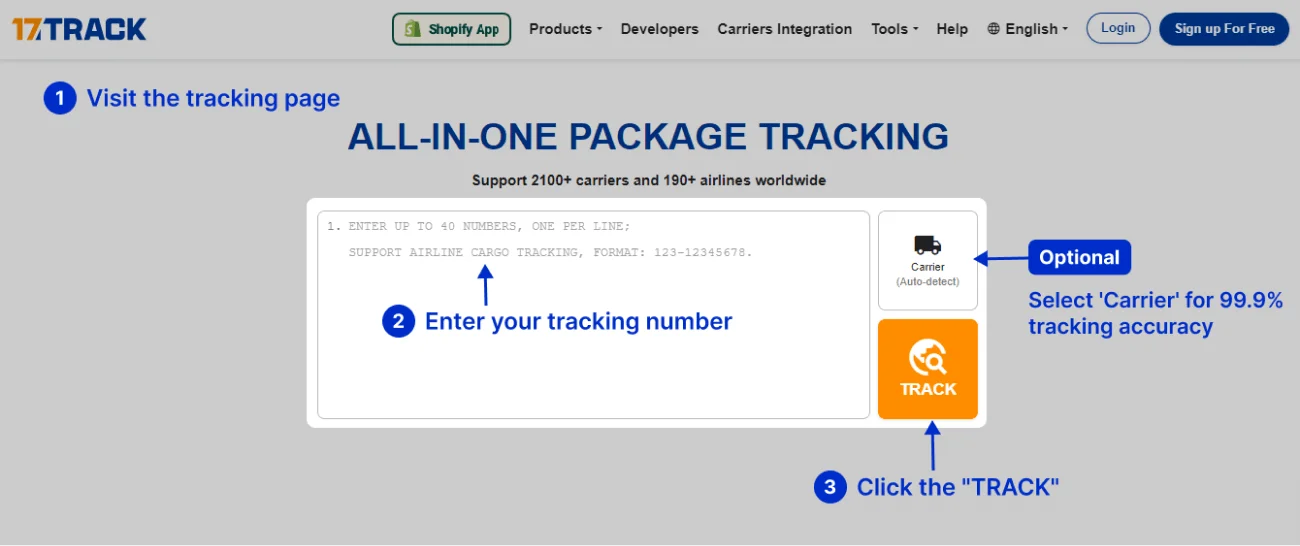 Package Tracking via 17TRACK Homepage